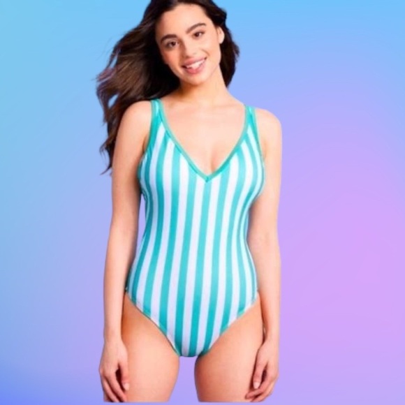Striped Turquoise Blue V-neck Medium Coverage One Piece Bathing Swimsuit - Picture 1 of 3